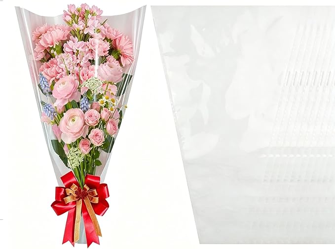 50 Pack flower bouquet wrapping paper-9.8in x 18in x 3.9in, flower bags for bouquets, bouquet bags Kraft floral wrapping paper, Flower Sleeves Wrapping Bags Perfect for Birthday, Wedding(White)