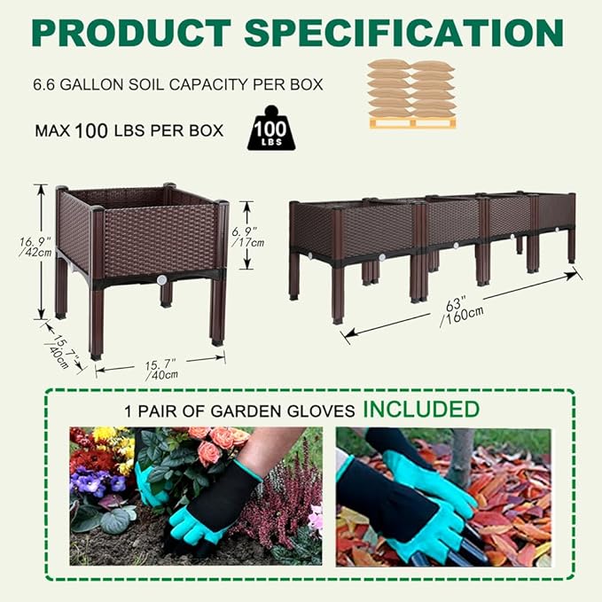 Emalie Raised Garden Beds Elevated Plastic Planter Box with Drainage Plugs Perfect for Vegetables Flowers Herbs Growing Outdoor, 63.0" Lx15.7 Wx16.5 H Brown