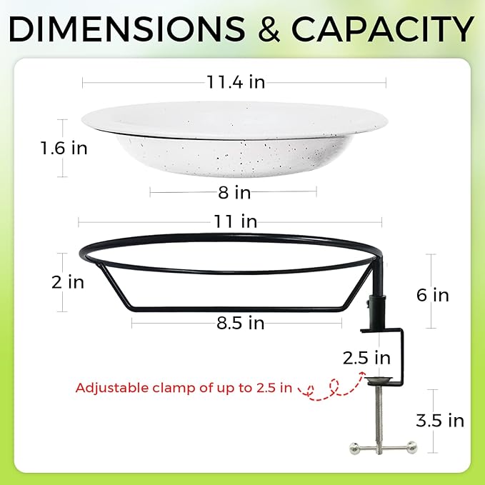 Deck Mounted Bird Bath and Feeder,11.5 Inch Large Gray Speckled Bowl,Heavy Duty Clamp On Deck Railing,Detachable Weather Resistant Balcony Bird Waterer for Outdoor Wild Birds