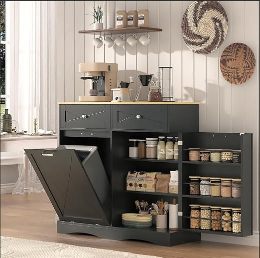 kepptory Tilt Out Trash Can Cabinet for 12 Gallon Trash Can, Modern Kitchen Island Cabinet with Adjustable Shelf and 2 Drawers for Hidden Laundry Basket, Dog Proof Garbage Can, Black