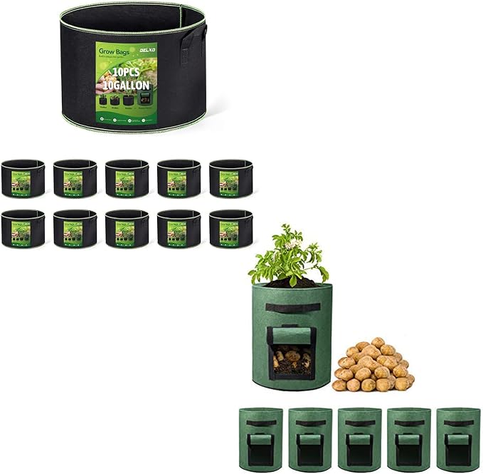 Delxo 10 Pack 10 Gallon Grow Bags & 5 Pack 10 Gallon Potato Grow Bags