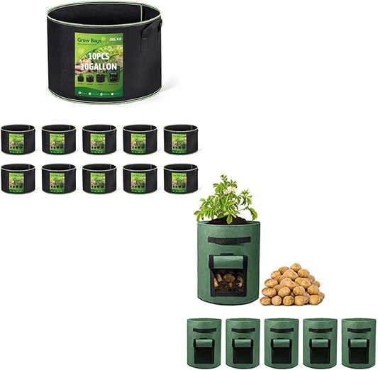 Delxo 10 Pack 10 Gallon Grow Bags & 5 Pack 10 Gallon Potato Grow Bags
