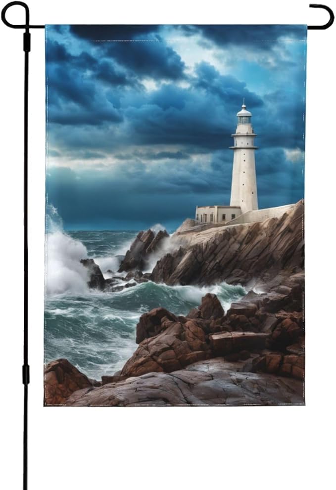 Delerain Lighthouse Wave Garden Flag, 28 x 40 Inch Double Sided Design Weather Resistant Indoor & Outdoor Decoration Small Banner For Home Yard Lawn Patio Office