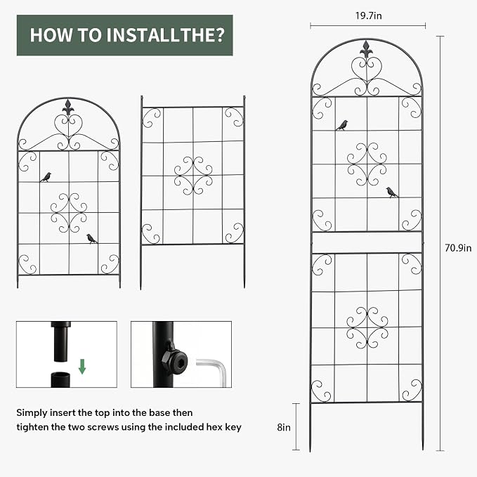 Garden Trellis for Climbing Plants Outdoor, Maidapulu 2 Pack 70.8x19.6 Inch Black Metal Trellis - Rustproof Lattice Support Panel with Easy Assembly for Roses, Clematis, Cucumbers, Vegetable Garden
