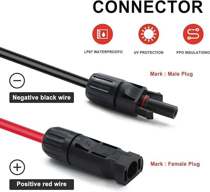 Twin Wire 20FT Solar Extension Cable - 10AWG (6mm²) Solar Panel Connector, with 4 Pairs-IP67-Male/Female Solar connectors for Outdoor Automotive RV Boat Marine Solar Panel- Black & Red