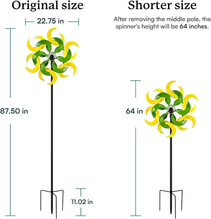 87" Wind Spinner Outdoor with Solar Light, Large Metal Wind Sculptures Spinners, Windmill for Garden Yard Patio Lawn Decor-Verdant Moon (23" W x 87" H)
