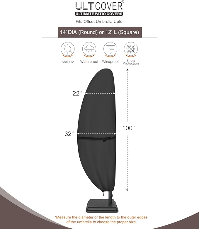 ULTCOVER Patio Parasol 600D Waterproof Outdoor Offset Banana Style Umbrella Cover - Fits Cantilever Offset Umbrella 12-14 Feet, Black
