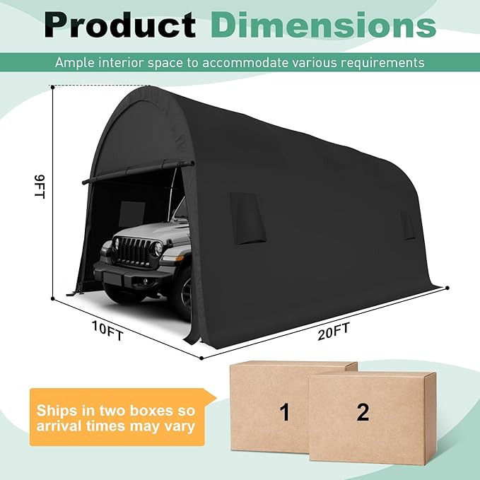 COBIZI Carport 10x20 Heavy Duty Portable Garage Storage Shelter Shed with All-Steel Metal Frame & Vents, Anti-Snow Waterproof Round Style Outdoor Storage Shed for Car, Truck, Boat, Patio Furniture