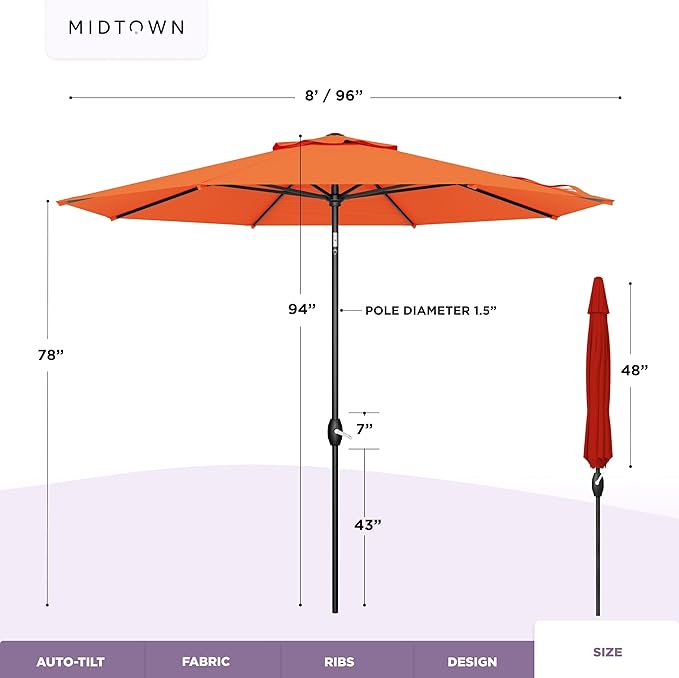 Midtown Umbrellas 10-Year-No-Fade - 8 Ft - UV Proof Bright Orange Polyester Fabric - Umbrella Outdoor Patio, Auto-Tilt Aluminum Frame Patio Umbrella for Garden, Pool & Deck - Black Pole