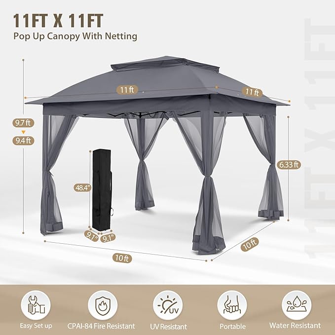 COOS BAY Pop up Gazebo 11x11, Instant Canopy Tent with Mesh Netting, Patio Gazebo with 121 Square Feet of Shade, 4 Weight Bags Included, Dark Gray