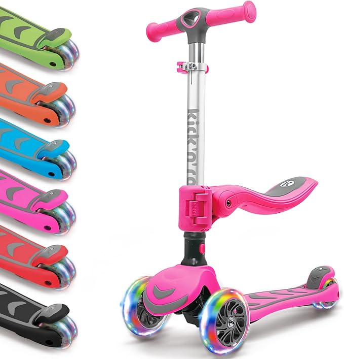 Kicknroll 3-Wheel Scooter for Kids Ages 3-12 with Light-Up Wheels, Folding Design, Adjustable Height, Extra Wide Deck (110 lbs Max)