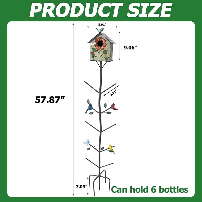 58" H Multifunctional Metal Bird House Glass Bottle Tree Stake for Outdoor Colorful Garden Decorative Bottle Holder & Outdoor