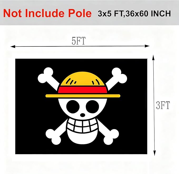 5x3 FT Multicolor Anime Style Pirate Flag with Luffy's Straw Hat Skull Design for Halloween Decor, Japanese Theme Party, Room Decoration