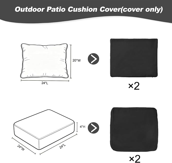 4-Piece Outdoor Patio Cushion Covers, Seat & Back Replacement Set, Covers Only for Patio Furniture, Porch, Deck, Balcony (4Pcs-Black, 24 * 24 * 4-inch)
