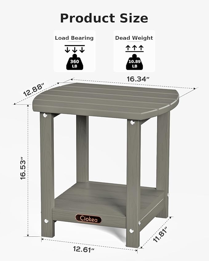 Ciokea Adirondack Outdoor Side Table, 2-Tier Sturdy Patio End Table Weather Resistant, Morden Side Table for Patio, Pool, Porch, Grey