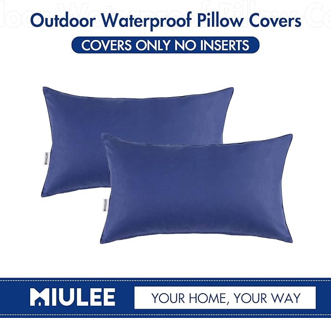 MIULEE Pack of 2 Decorative Outdoor Waterproof Pillow Covers Rectangular Garden Cushion Sham Throw Pillowcase Summer Shell for Spring Patio Tent Couch 12x20 Inch Navy Blue