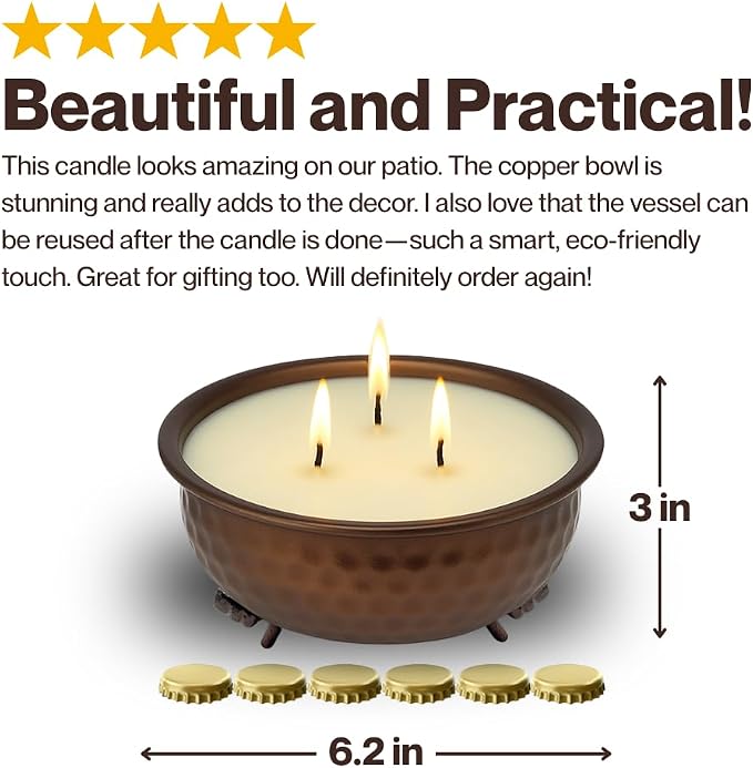 Dough Bowl Candle Co. Citronella Candle - Insect Repellent in Fire Pit Design, 3 Wick Patio Accessories for Glamping, Deck, Patio, Back Yard, Indoor and Outdoor Candles for Summer, 50 Hour Burn Time