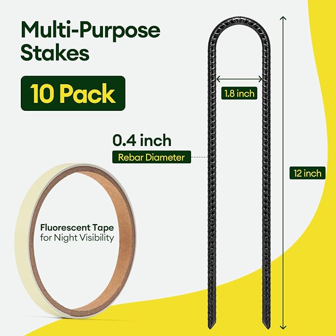 Maygrove 12 Inch Rebar Stakes Heavy Duty 10 Pack, U Shaped Ground Stakes, Galvanized Steel Trampoline Stakes, Tent Anchor Kit Anti-Rust, Drip Hose Wind Stakes, Black