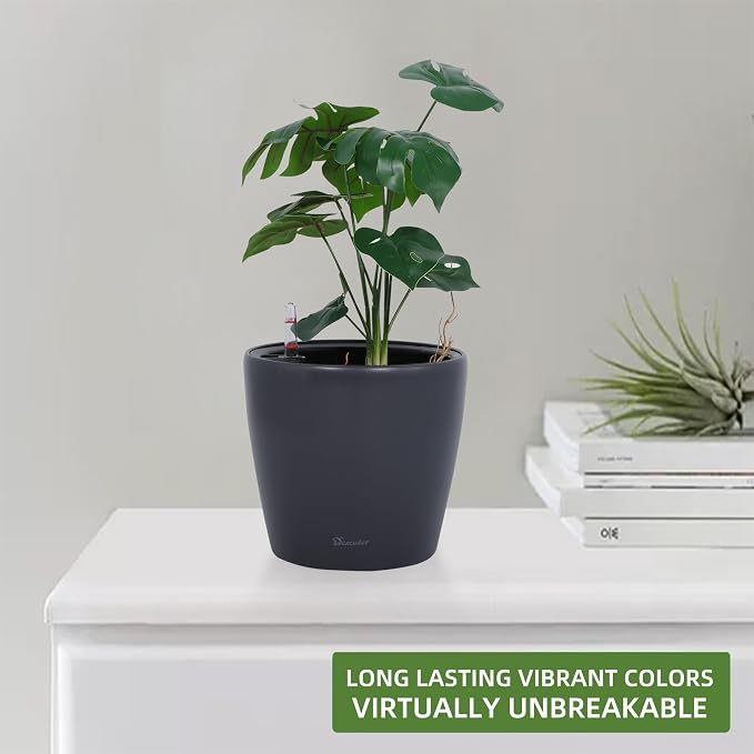 Dexceder 9x8 Self Watering Planter (Slate Gray Matte) | Inner Pot Design, Thickened Table Flower Plant Pot with Water Level Indicator Indoor Outdoor