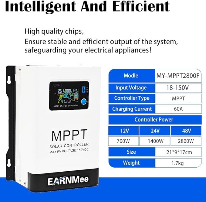 60A MPPT Solar Charge Controller, 18-150VDC PV Input, 12V/24V/48V Adjustable Output(Manual), Ideal for RV, Large Solar Systems, Compatible with Mono/Poly Panels & Lead-Acid/Lithium Batteries