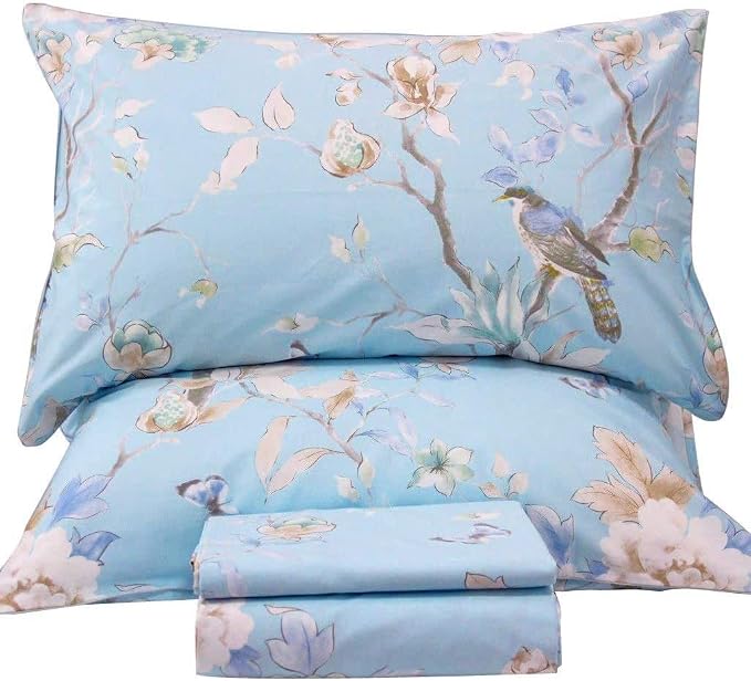 QSH 100% Egyptian Cotton Sheets Full Size Set, Blue Bird Plant Pattern Botanical Luxury Cotton Printed Bedding Floral Full Bed Sheets Extra Soft and Breathable 4pcs Deep Pockets Sheets