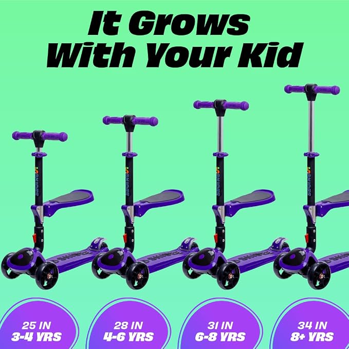 SKIDEE Kick Scooter for Kids Ages 3-5 | Foldable 3 Wheel Scooter with Lean-to-Steer, Adjustable Height, Removable Seat & LED Light Wheels | Toddler Scooter Up to 12 Year Old Boys/Girls
