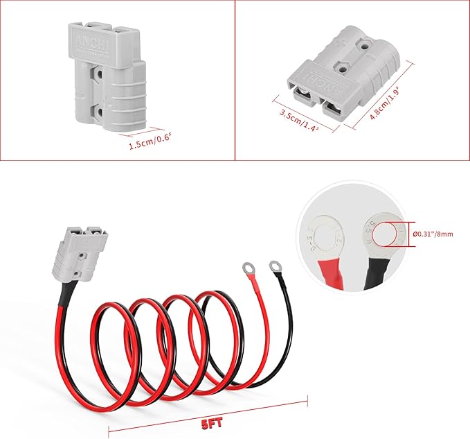 ELFCULB Anderson 50amp to O Ring Terminal, 10AWG Anderson SB50 Battery Quick Connect/Disconnect Cable for Forklift RV Boat Lithium Batteries(5FT)