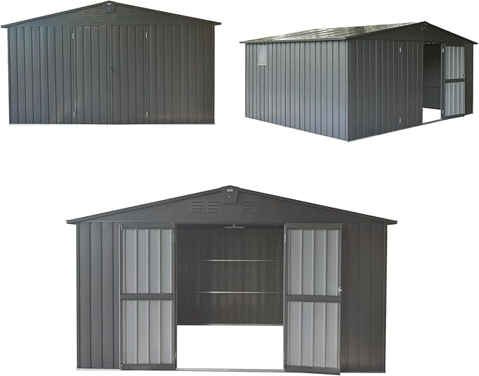 Christopher Knight Home Avonn Backyard Storage Shed 11'x 9' with Galvanized Steel Frame & Windows, Outdoor Garden Shed Metal Utility Tool Storage Room with Lockable Door for Patio(Dark Gray)
