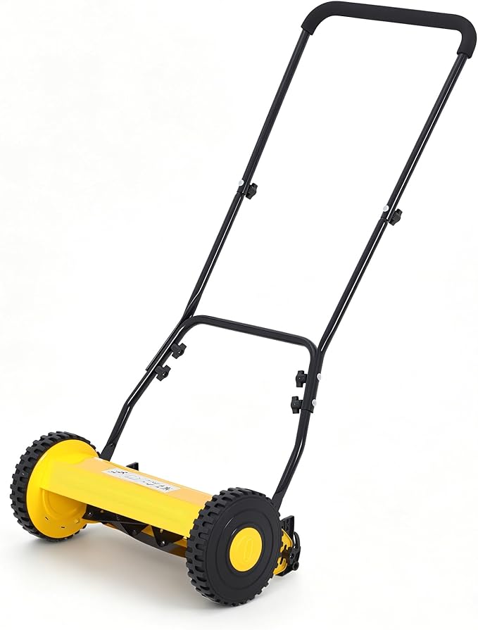 16" 5-Blade Push Reel Lawn Mower, Manual Push Mower with Adjustable Cutting Height, Compact Lawnmower for Small to Medium Yard and Field, Lightweight Hand Reel Push Mower, Yellow