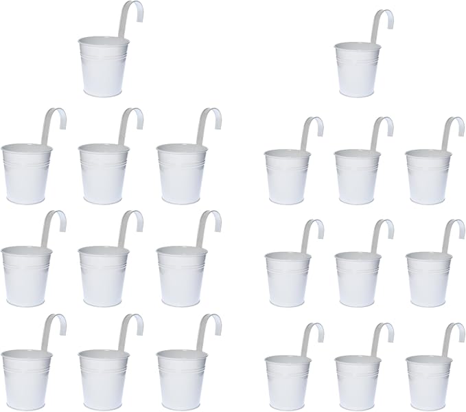 LaLaGreen Bundle - 6" x 10 Pack + 4" x 10 Pack White Metal Iron Hanging Flower Pots Balcony Railing Herb Garden Bucket Fence Planter for Outdoor Plants Flower Deck Rail Porch Window Box Hooks