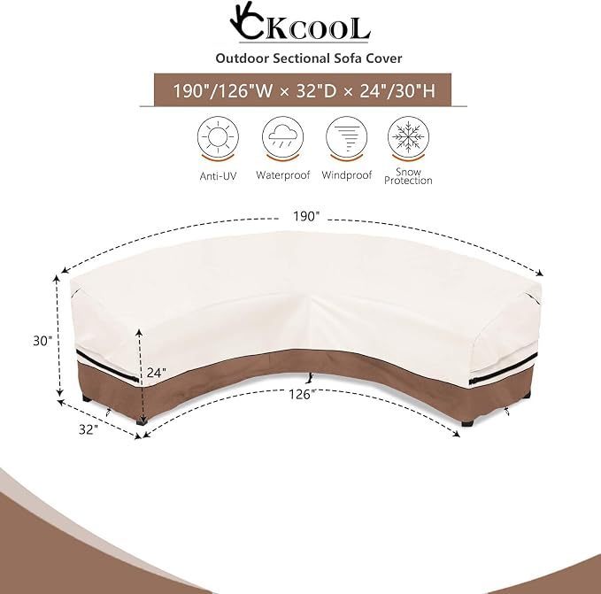 okcool Outdoor Sectional Cover,Curved Patio Furniture Covers for 5-7 Seater Outdoor Furniture Couch,190"(Back Arc Length) / 126"(Front Arc Length) x 32"(Deep),Beige & Brown