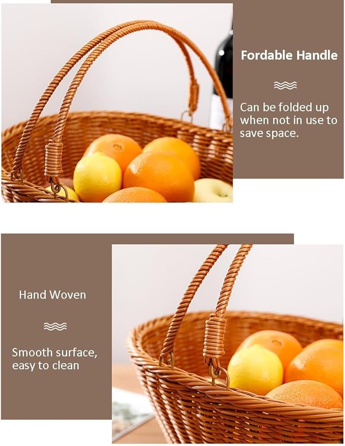 Picnic Basket, Garden Harvest Basket, Wicker Shopping Baskets with Foldable Handles, Reusable Handwoven Market Baskets for Carrying Shopping Storage Gathering (Brown, Oval)
