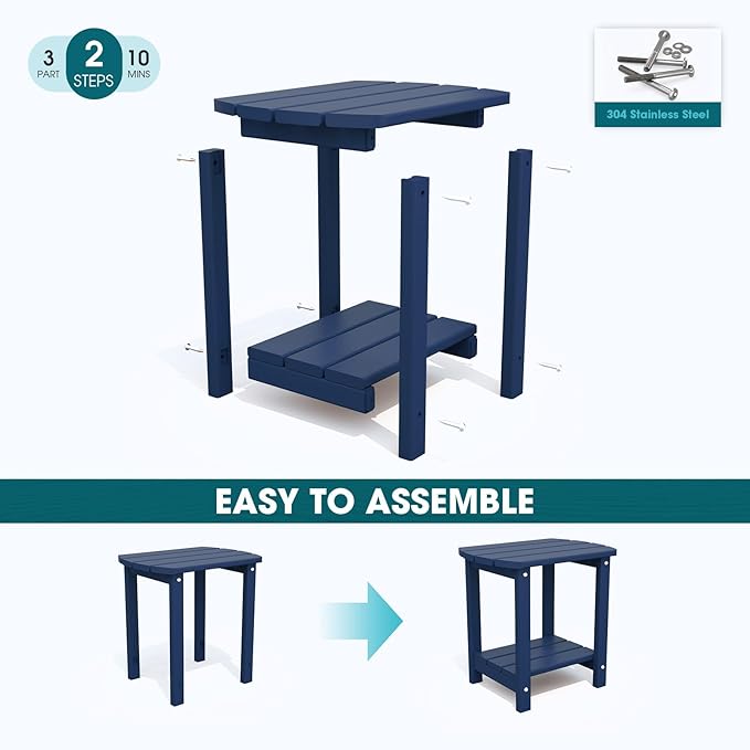 THOEOE Adirondack Outdoor Side Table, 2-Tier Sturdy Patio End Table Weather Resistant, Morden Side Table for Patio, Pool, Porch, Navy Blue