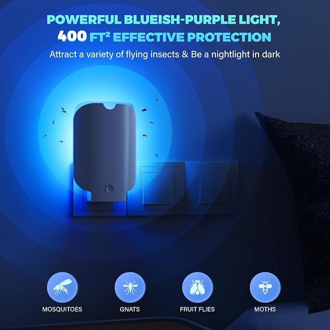 Flying Insect Trap, 2 Packs Fruit Fly Trap Plug in Bug Catcher, Bug Light Trap Indoor Fly Trap for Home Mosquito Indoor Killer, Light Attract & Safer Sticky Trap with 3 Refills, Off-White