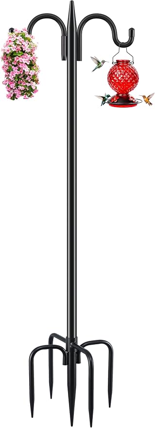 Gtongoko Bird Feeder Pole for Outdoors Heavy Duty, 92 Inch Double Shepherds Hook with 5-Prong Stable Base, 3/4 Inch Thick Hummingbird Feeder Stand for Hanging Plants, Lanterns, 1 Pack