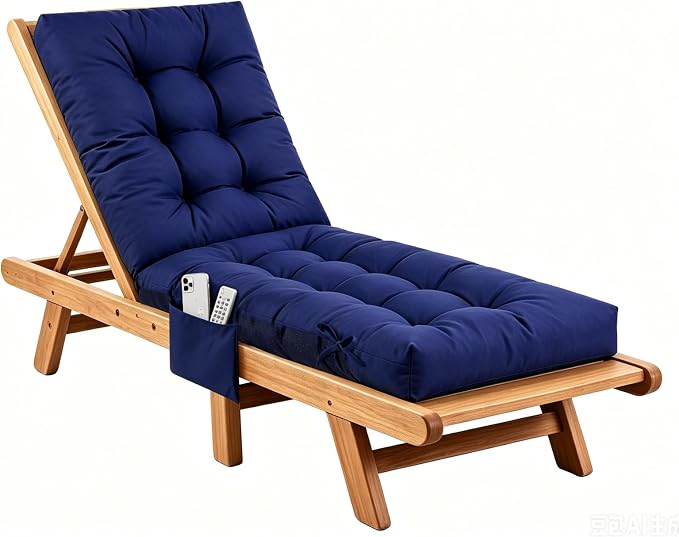 Patio Chaise Lounge Cushions, 68"x21"x4.5" Waterproof Replacement Beach Pool Lawn Outdoor Lounge Chair Cushion with Pocket, Non-Slip Bottom & Secure Ties for Outdoor Furniture, Dark Blue