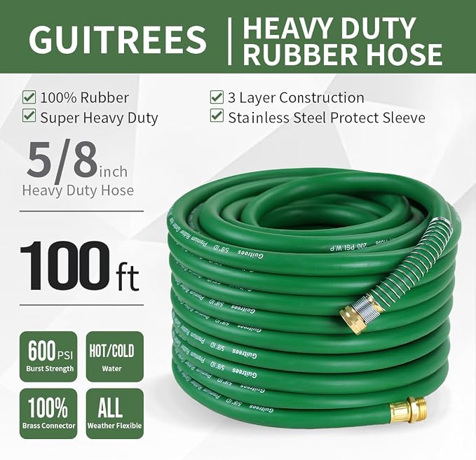 Guitrees 100FT 5/8 Heavy Duty Rubber Garden Hose - 300psi Working, 1000psi Burst - Hot/Cold Water - Five-Layered Braiding for Durability - Versatile for Gardening, Agriculture, Construction(Green)