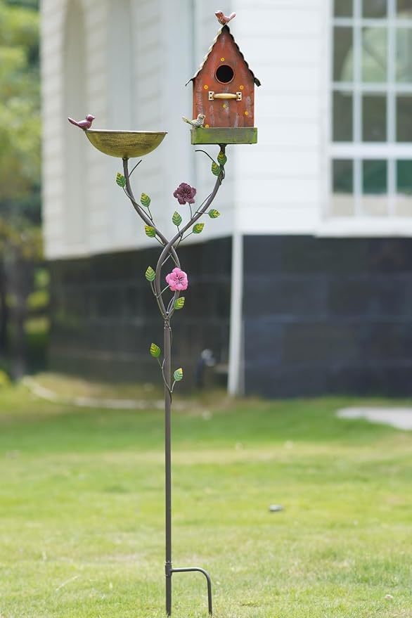 HLQMFHT 56" H Bird Baths for Outdoors,Metal Bird Bath,Birdhouse Garden Stakes,Birdhouses for Outdoors,Garden Yard Decor