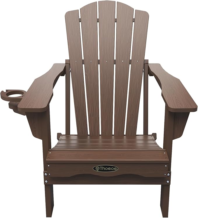 THOEOE Folding Adirondack Chair,HDPE All-Weather Outdoor Chair with Cup Holder,Wooden Textured,Fire Pit Chair,Plastic Patio Chair for Deck,Backyard,Garden,Lawn, Brown