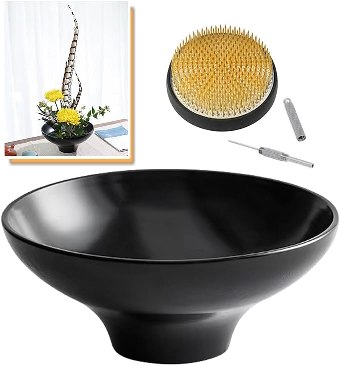 Japanese Ikebana Kit Floral Frog Japanese Flower Arranging Supplies Flower Container with Needle Straightening Tool & Kenzan - 2.4inch Flower Frog, Bowl Vase (Black Peacock)