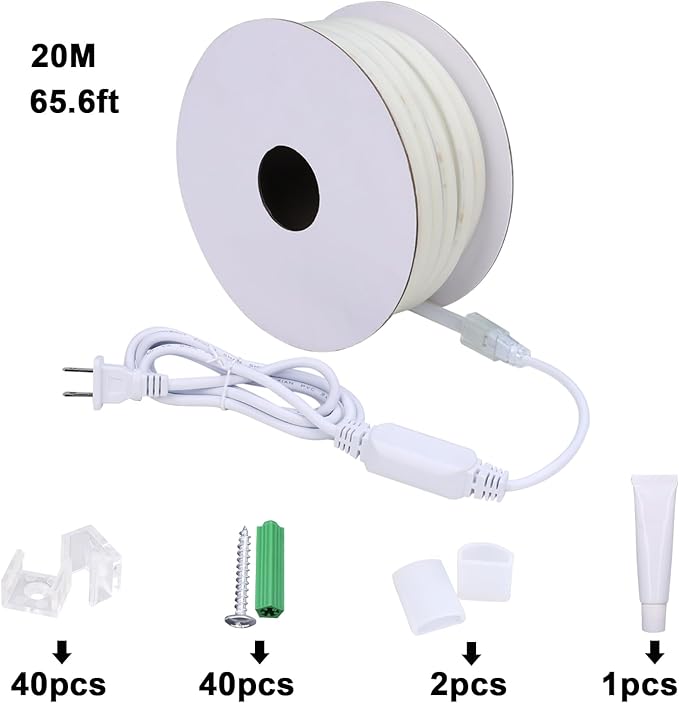 BENLUN AC 110V COB LED Strip Lights Outdoor Waterproof 65.6ft, 6000K Cool White Super Bright 200W CRI 90+ LED Rope Light, IP65 Flexible Cuttable, for Bedroom Garden Commercial House