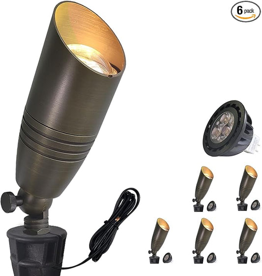 COLOER Brass Landscape Spotlights, 6 Pack Landscape Light Fixture with 5W Aluminum Housing MR16 LED Bulb 2700K 450LM,12V AC/DC Low Voltage Outdoor Spot Lighting,Uplight for Garden and Patio(102B)