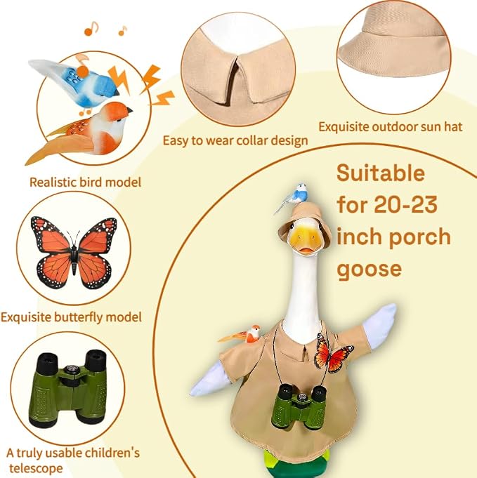 Spring Porch Goose Bird Watching Outfit Set – 5-Piece Costume & Accessories for 20-23" Standard Goose Statue, Whimsical Outdoor Lawn Decoration for Garden, Patio, Yard, Gift for Bird Lovers