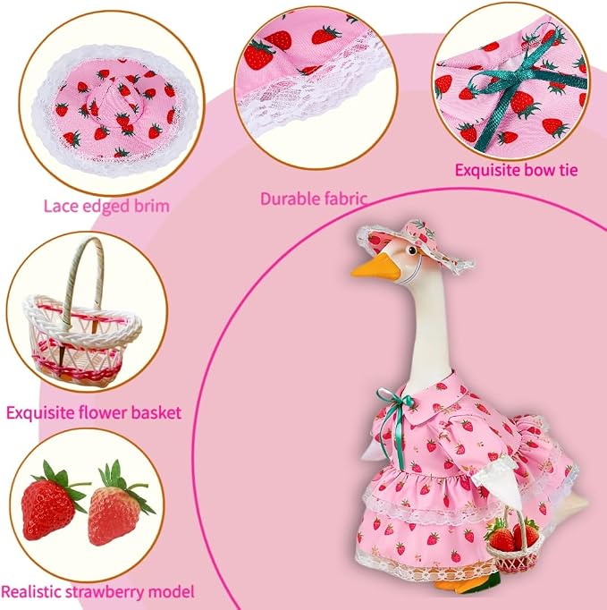 Summer Porch Goose Outfit for 23" Cement Statue Goose,Porch Goose Clothes with Strawberry Skirt and Hat for Spring Outdoor Yard Lawn Patio Decor（pink）