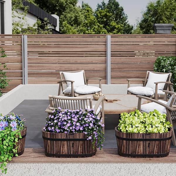 Hanging Wooden Flower Pots, Railing Planter for Any Balcony, Porch or Deck Countryside Style with Detachable Hooks for Garden Yard Home Decor (Carbonized)