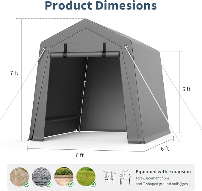 Garvee 6 ft x6 ft Outdoor Portable Storage Shed, Waterproof & UV-Resistant Garage Shelter with 2 Roll-Up Zipper Doors, Anti-Snow Carport Tent for Motorcycle, Bike, and Outdoor Equipment, Gray