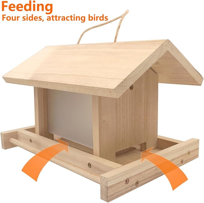 Hanging Wooden Bird Feeder Outdoor Large Capacity Wooden Bird Feeder for Feed Outdoor Garden Wildbirds Wings Robin Sparrow Blue Bird (Light Wood Color, Flat Side Panel)