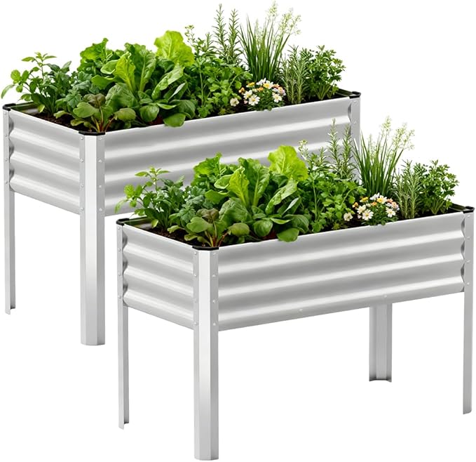 COMHOMA 2 Pack Raised Garden Bed with Legs 4x2x2.5ft,Large Elevated Galvanized Metal Planter Box with Drainage Holes,Outdoor Growing Kit with Gloves Tools for Backyard Patio Lawn,Sliver