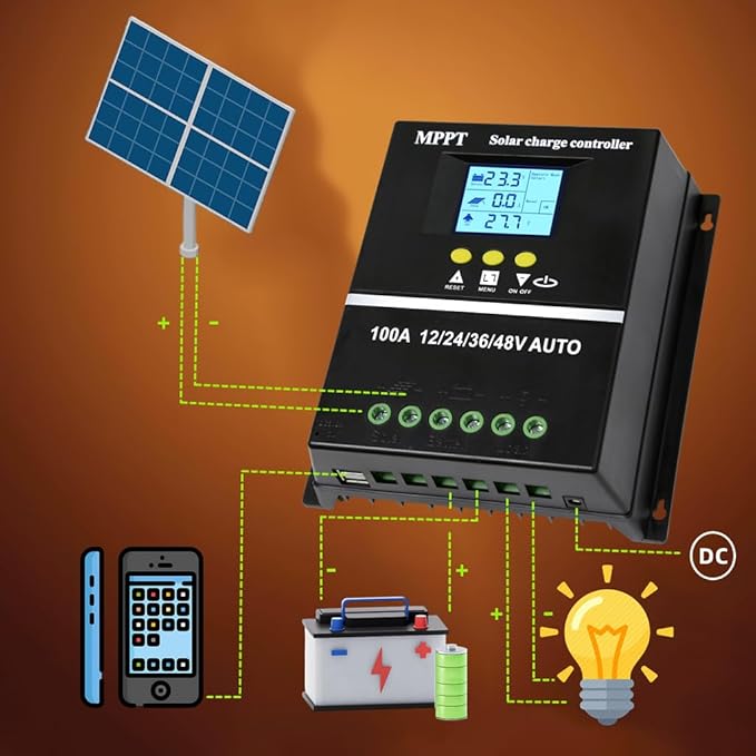 100A MPPT Solar Charge Controller 12V 24V 36V 48V LCD Display Battery Intelligent Regulator Max 100V Input Dual USB for Lead-Acid/Lithium (100A)