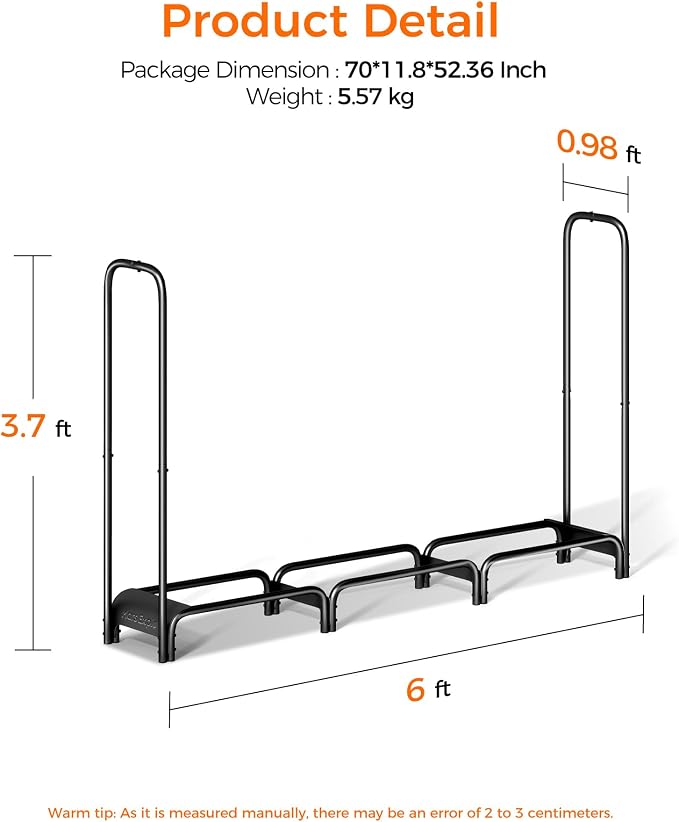 Firewood Rack 6ft, Heavy Duty Fire Wood Storage Racks for Indoor & Outdoor, Metal Log Holders for Firewood，Fireplace Wood Pile Storage Stacker Organizer, Black